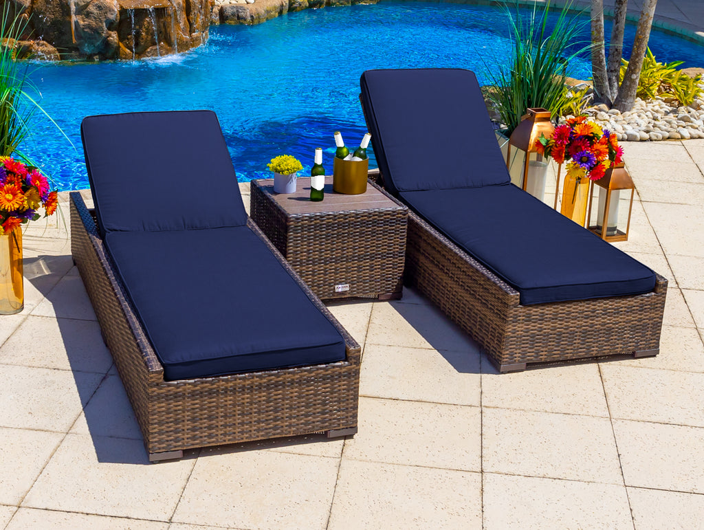 Sorrento 3-Piece Resin Wicker Outdoor Patio Furniture Chaise Lounge Set in Brown w/ Two Chaise Lounge Chairs and Side Table (Flat-Weave Brown Wicker, Sunbrella Canvas Navy) - image 1 of 5
