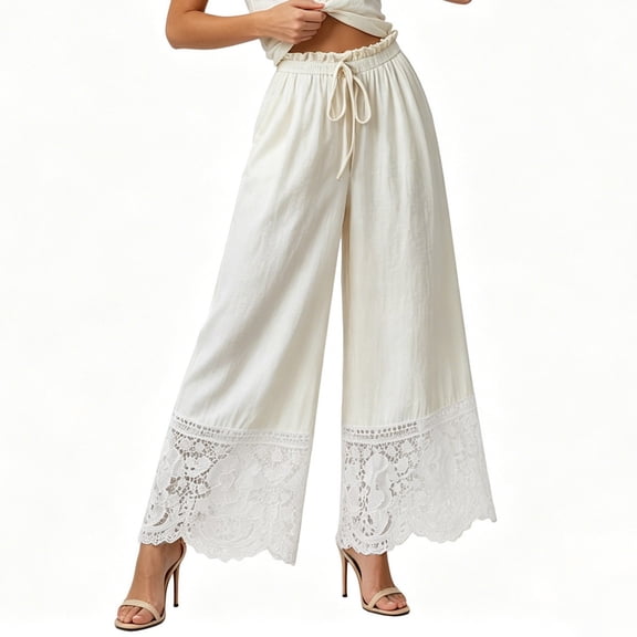 TEAJOPSUU Women's Wide Leg Lace Trim Pants Cotton Blend Short Sleeves High Waisted Elastic Waist Drawstring Flowy Palazzo Pants Comfy Solid Cropped Trousers White