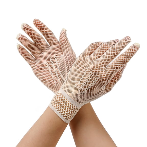 suxuMhao Mesh Short Gloves, Fishnet Gloves Sheer Gloves Full-Finger Gloves Nylon Gloves, Elastic Party Gloves Costume Gloves, Beige, One Size, 5 Pairs