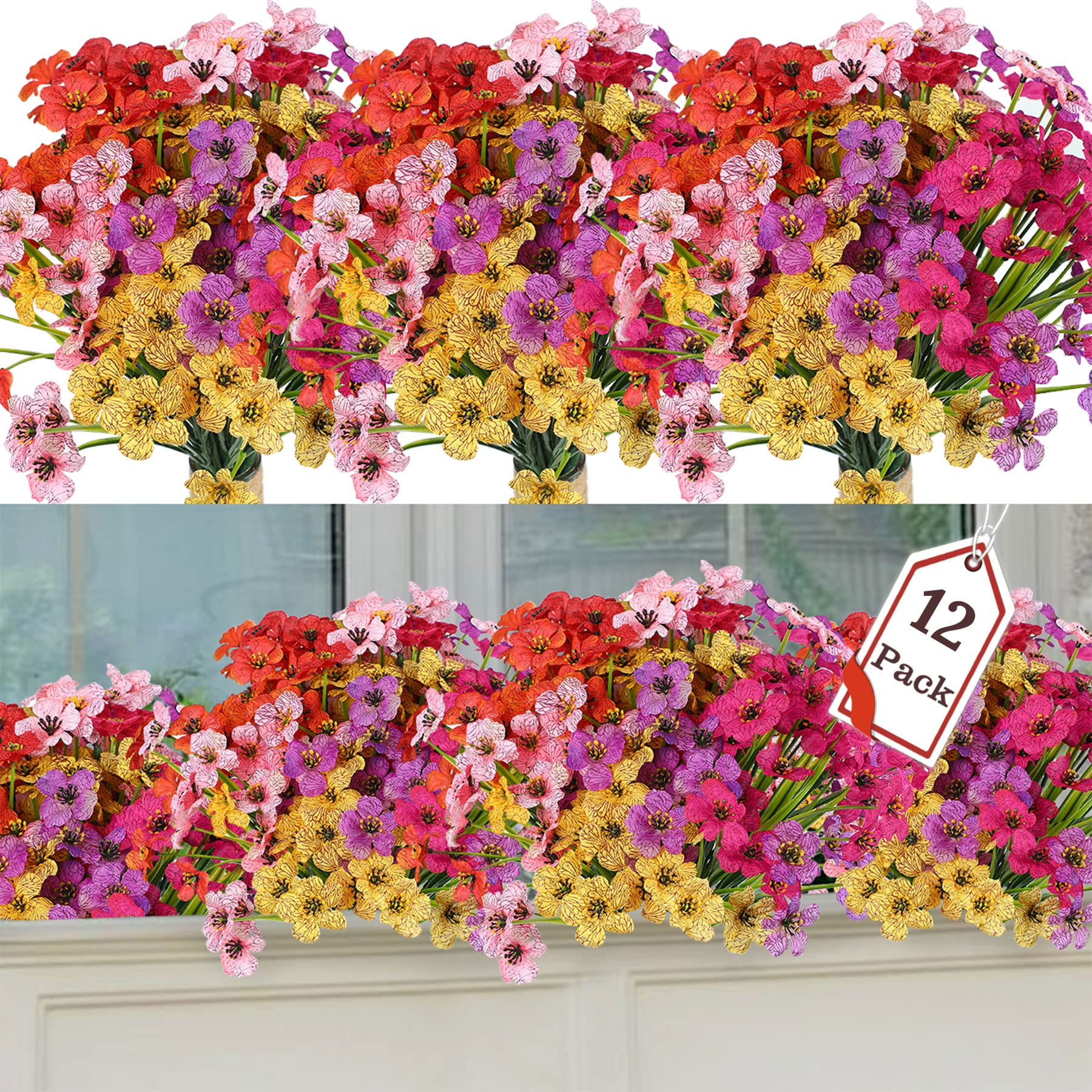 12 Bundles Artificial Flowers for Outdoors, Fake Silk Flowers Faux Plants UV Resistant for