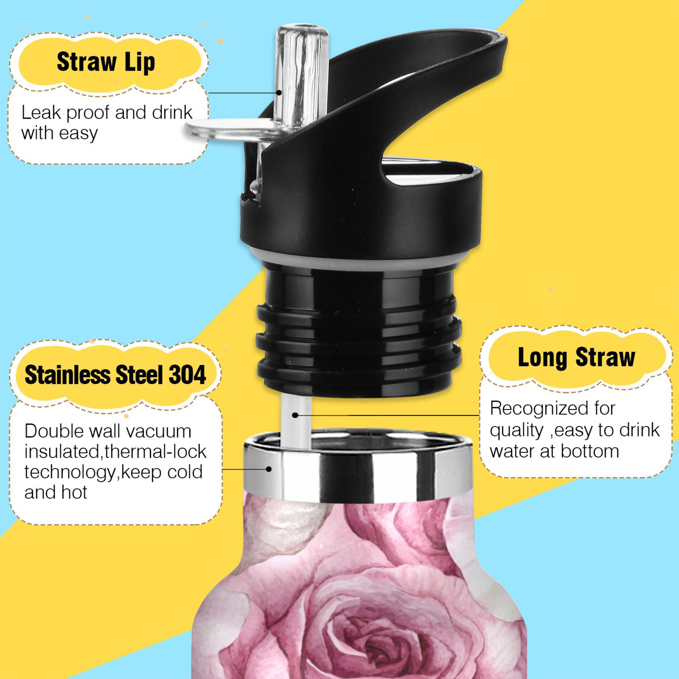 600ML Stainless Steel Insulated Cup Sports Water Bottle Portable Thermos Cup Water Glasses Insulated Tumblers Convenient and Durable Charming Roses