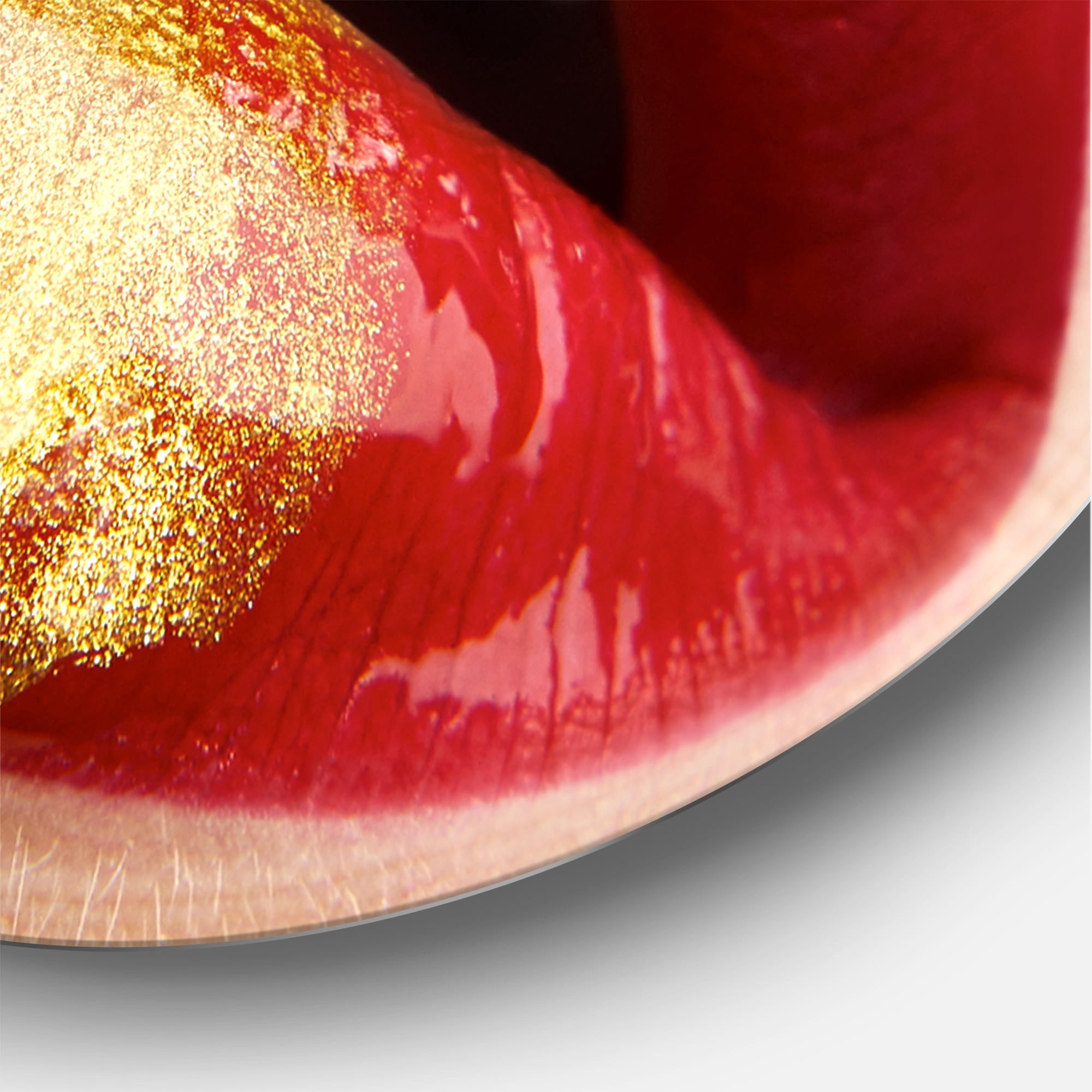 Designart 'Plump Woman Lips With Gold and Red' Modern Circle Metal Wall Art 36x36 - Disc of 36