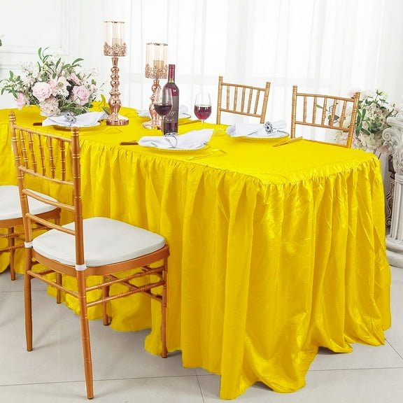 Wedding Linens Inc. 8' (96"x30") Rectangular Ruffled Fitted Crushed Crinkle Taffeta Tablecloth With Skirt - Canary Yellow
