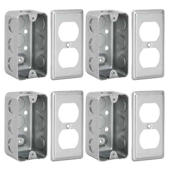 Electrical Box Metal Outlet Boxes,4"×2" Handy Box 1-Gang and Metal Outlet Box Cover,Duplex Receptacle,Galvanized Steel,8 * 1/2'' in Side and 2 * 1/2'' in Bottom Knockouts(Pack of 4)