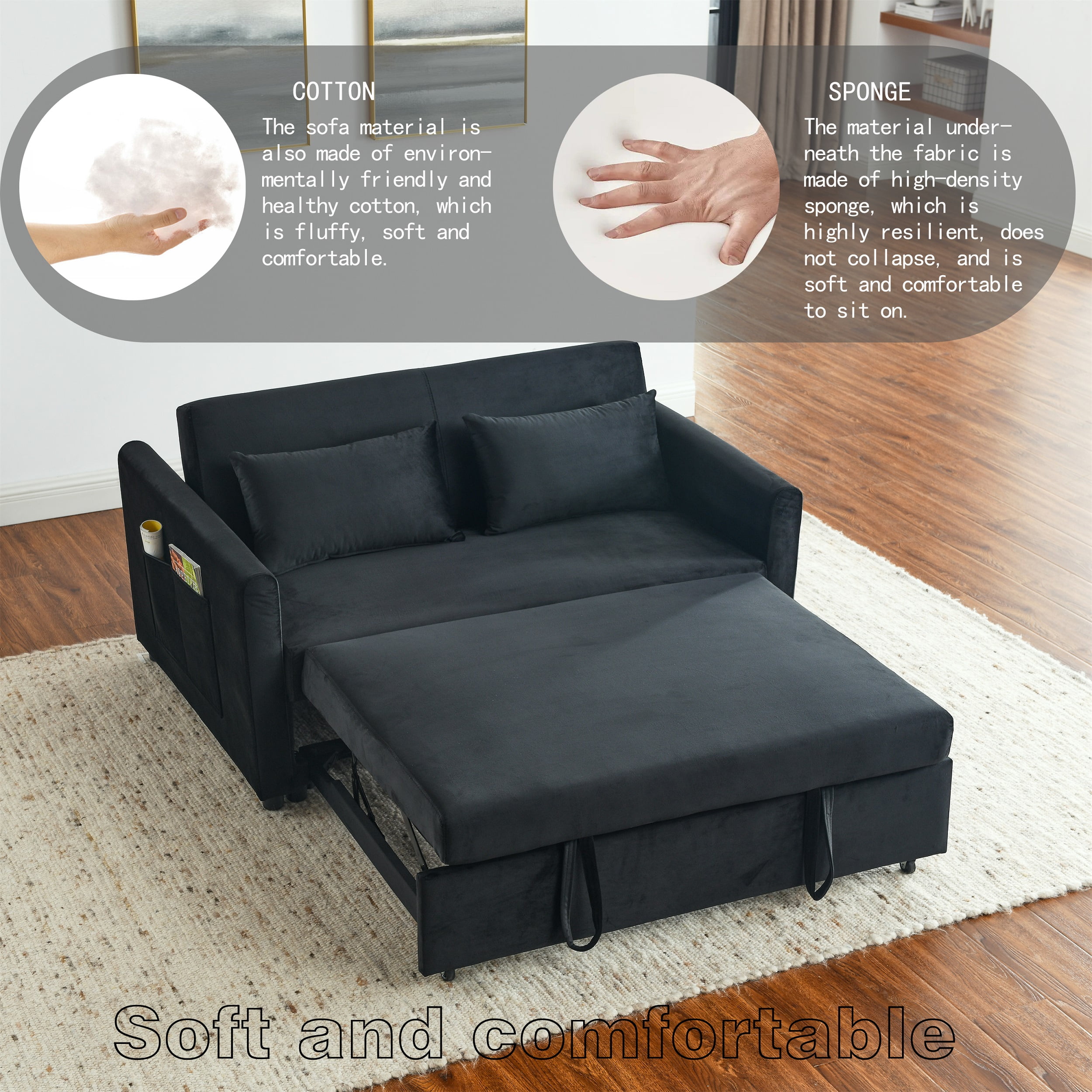 Momspeace Pull Out Sofa Bed Sleeper Sofa Couch Sofa Bed with Adjustable Backrest Velvet Loveseat For Living Room - Black