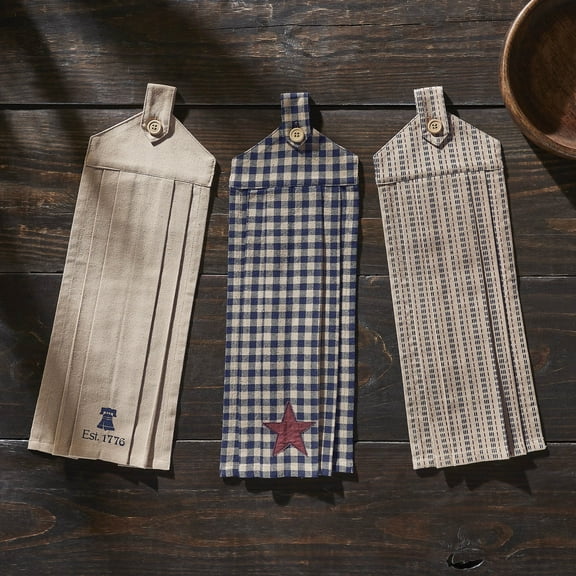 VHC Brands Cotton My Country Button Loop Kitchen Towel Set of 3, Hanging Kitchen Towel, Appliqued, Bath, Kitchen, My Country Collection, Rectangle 21x7, Star and Liberty Bell 1776, Navy