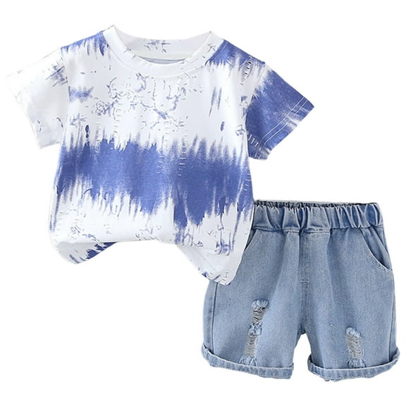 ZACPNCV Toddler Baby Boy Summer Outfits Clothes Tie Dye Shirt and Short Set for Boys 2-Piece Blue 1-2 Years