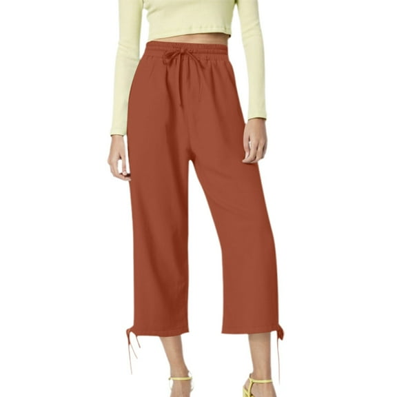Hauaitttt Women's Solid Color Drawstring Cropped Linen Pants Casual Capri TrousersTrousers Women Casual Pants Winter Womens Elastic Belted High Waist Casual Loose Long Pants with Pocket Track Pants