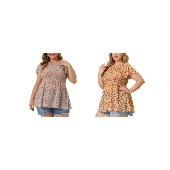 NOMADIC NOOK Women's Plus Size 2 Pieces Floral Blouses Chiffon Smock Waist Round Neck Flare Sleeve Casual Peplum Tops 1X Orange/Pink Green