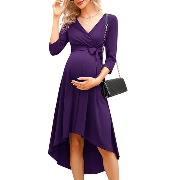Women's Wrap V Neck 3/4 Sleeve Belted Maternity Dress High Waist Midi Dress
