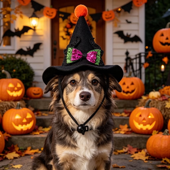 Pet Halloween Witch Hat, Mini Pointed Dog and Cat Costume with Bow, Spooky Fuzzy Ball Headwear with Chin Strap for Holiday Photos