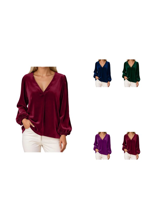 Elegant Velvet Trim Blouse with Puff Lantern Long Sleeves, V-Neck Loose Tunic Top for Women Dressy Casual Spring Fall Everyday Wear