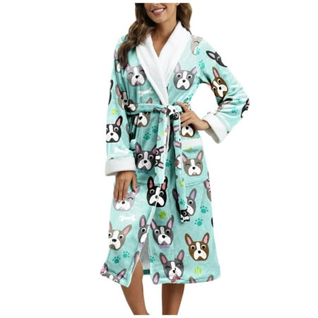 

AOOCHASLIY Bath Robes for Women Clearance Fashion Ladies Plush Long Sleeve Bandage Christmas Printed Cardigan Sleepwear Coat