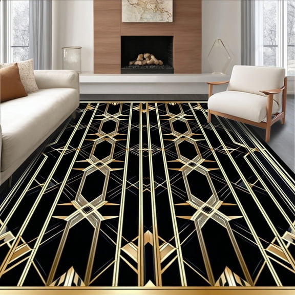 ODIKA 4'x6' Machine Washable Non-Slip Area Rug, Dramatic Seamless Art Influence High Traffic Rug, Black, 12688