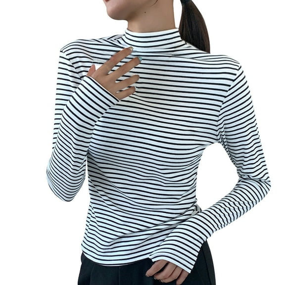 fatyb Striped Mock Neck Shirts Womens Long Sleeve Slim Tops Stretchy Undershirts Casual Basic Shirts