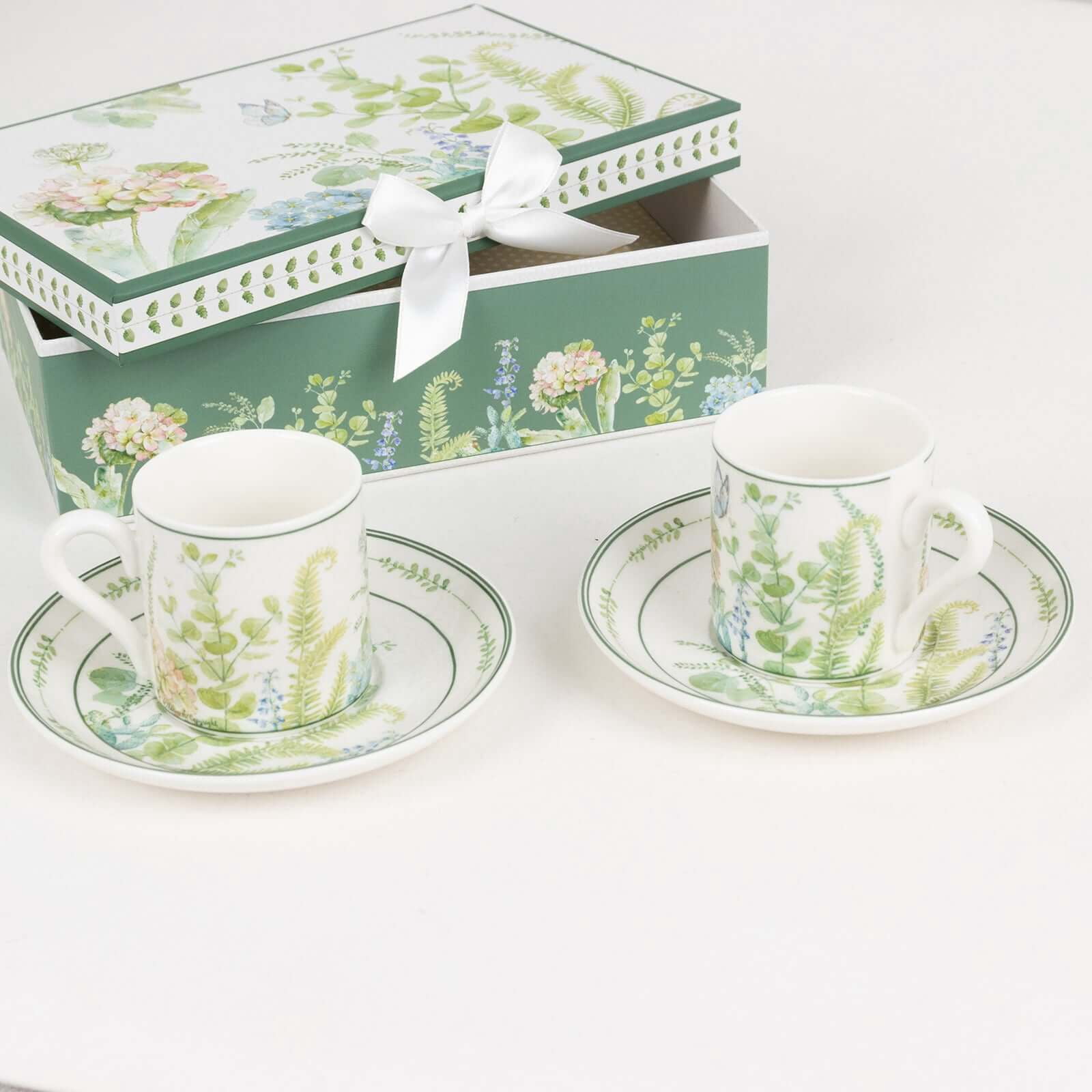 Efavormart Set of 2 Greenery Theme Porcelain Espresso Cups and Saucers with Matching Keepsake Gift Box, Bridal Shower Gift Set