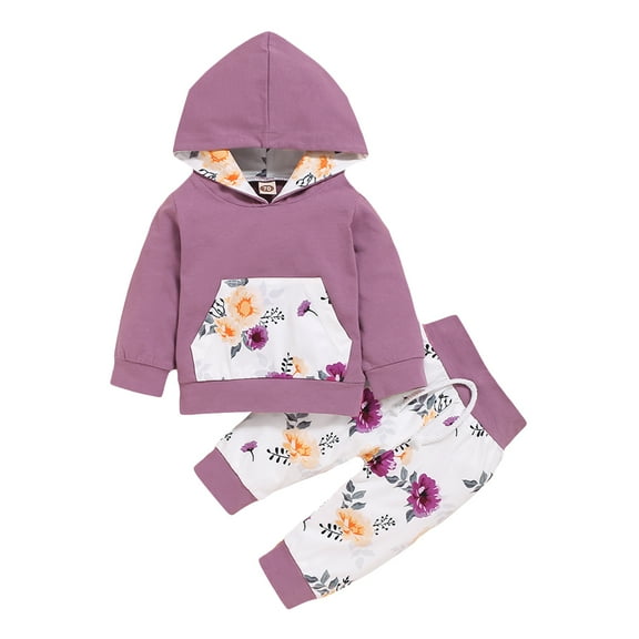 NZRVAWS Baby Girls Winter Outfits 6 Months Girls Floral Print Pocket 12 Months Girls Pants 2Pcs Winter Clothes Set,Purple