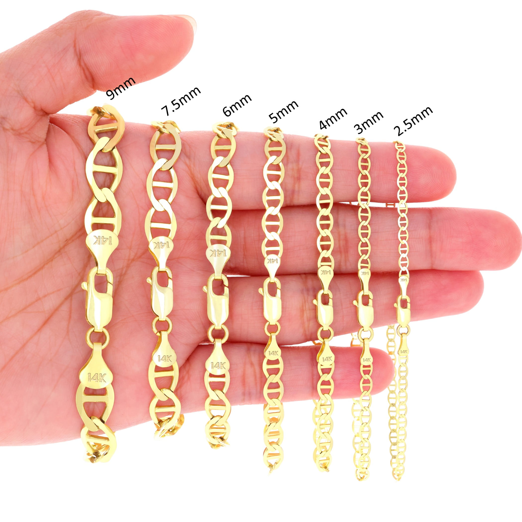 Nuragold 14K Real Yellow Gold Solid Mariner Chain Anchor Link Bracelet 7"-9" (2mm-7.5mm) Italian Jewelry for Men & Women