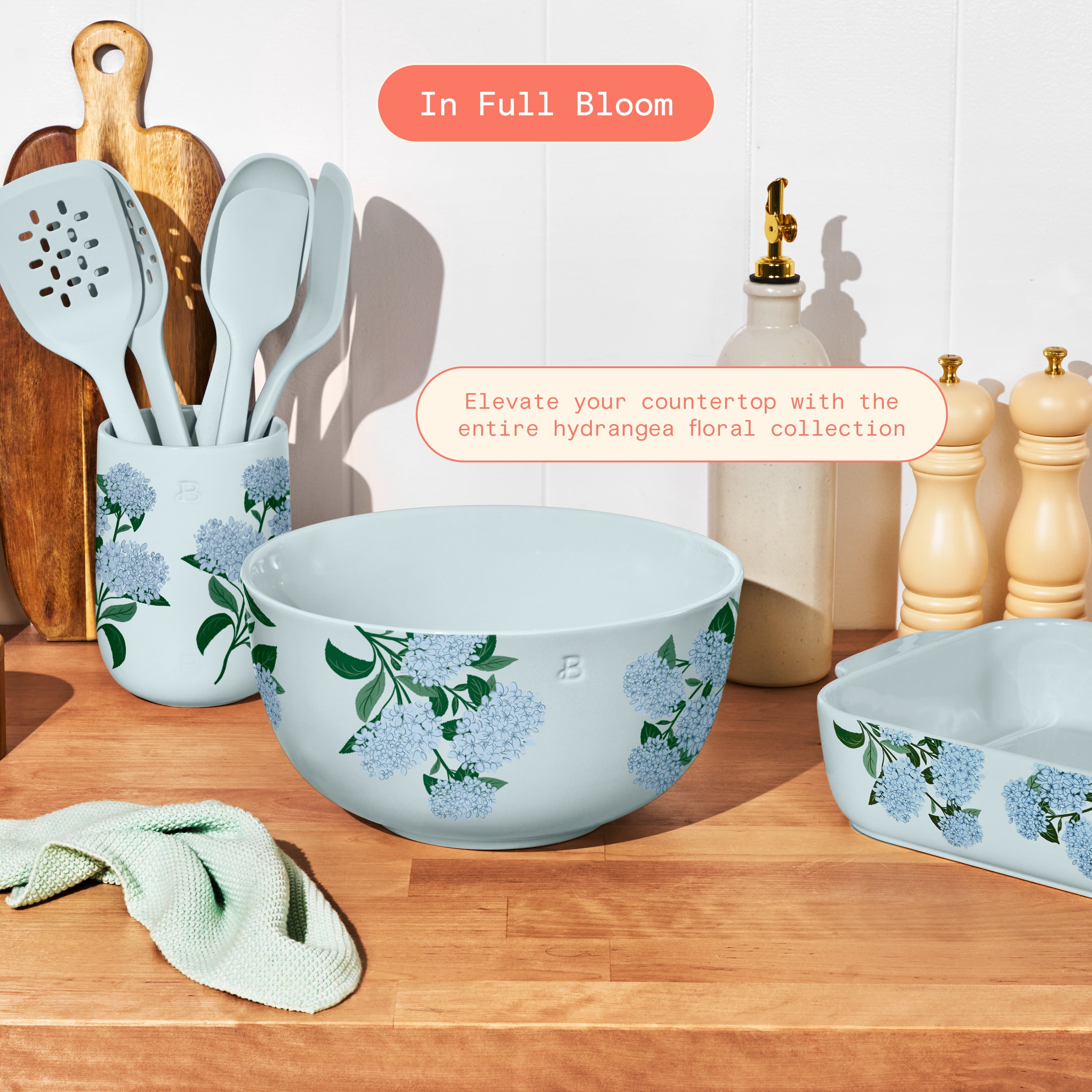 Beautiful 4 Qt Stoneware Batter Mixing Bowl, Hydrangea Floral by Drew Barrymore