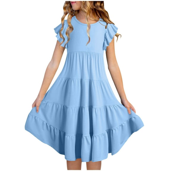 Atogsazn Little Girls Dress Kids Ruffle Sleeve Middle Length Sundress Fashion Patchwork Clothes Summer Blue 12-13 Years