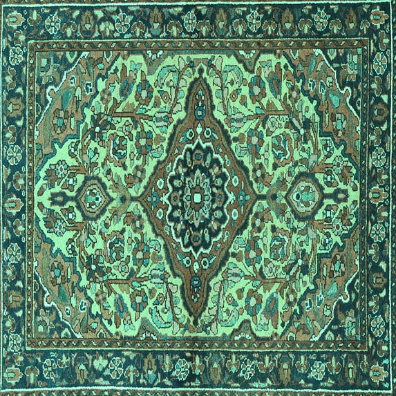 Ahgly Company Machine Washable Indoor Square Medallion Turquoise Blue Traditional Area Rugs, 6' Square