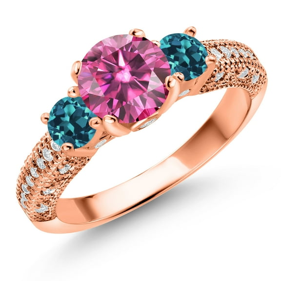 Gem Stone King 18K Rose Gold Plated Silver Pink Moissanite London Blue Topaz and White Moissanite Engagement Ring for Women (1.94 Cttw, Gemstone, Round 7MM and 4MM, Size 8)