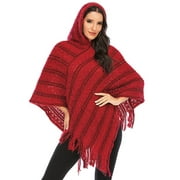 Womens Plus Sweatshirts & Hoodies Pancho with Fringed Sides Hooded Capes Knit Tassel Fringed Ponchos Shawls Wrap Coats Tops