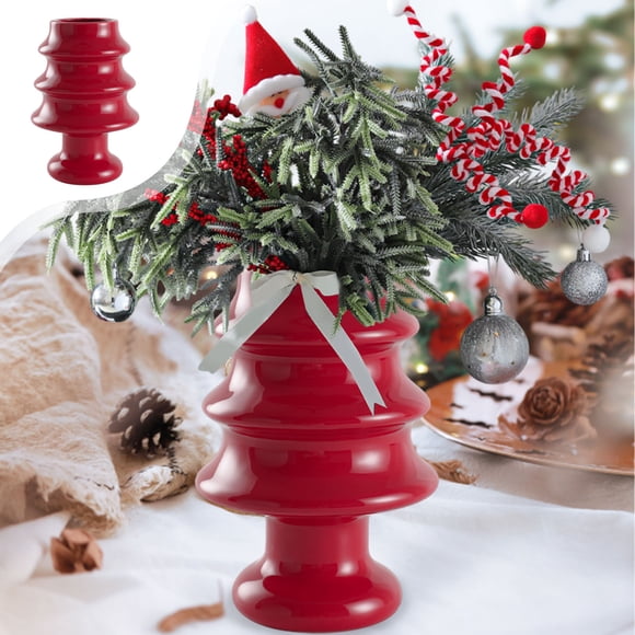 Jarrón de cerámica con botas rojas de Navidad | Maceta de arreglos florales festivos | Decoración de escritorio navideña | Cerámica vidriada, rojo y verde | 18x12cm | Acento único de la mesa