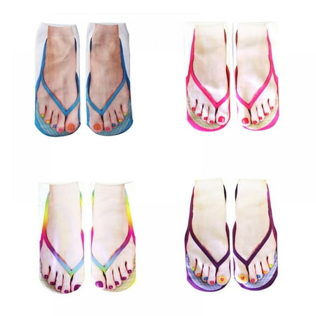

4Pack 3D Manicure Print Novelty Socks Personalized Flip Flop Socks Low Cut Ankle Socks for Woman