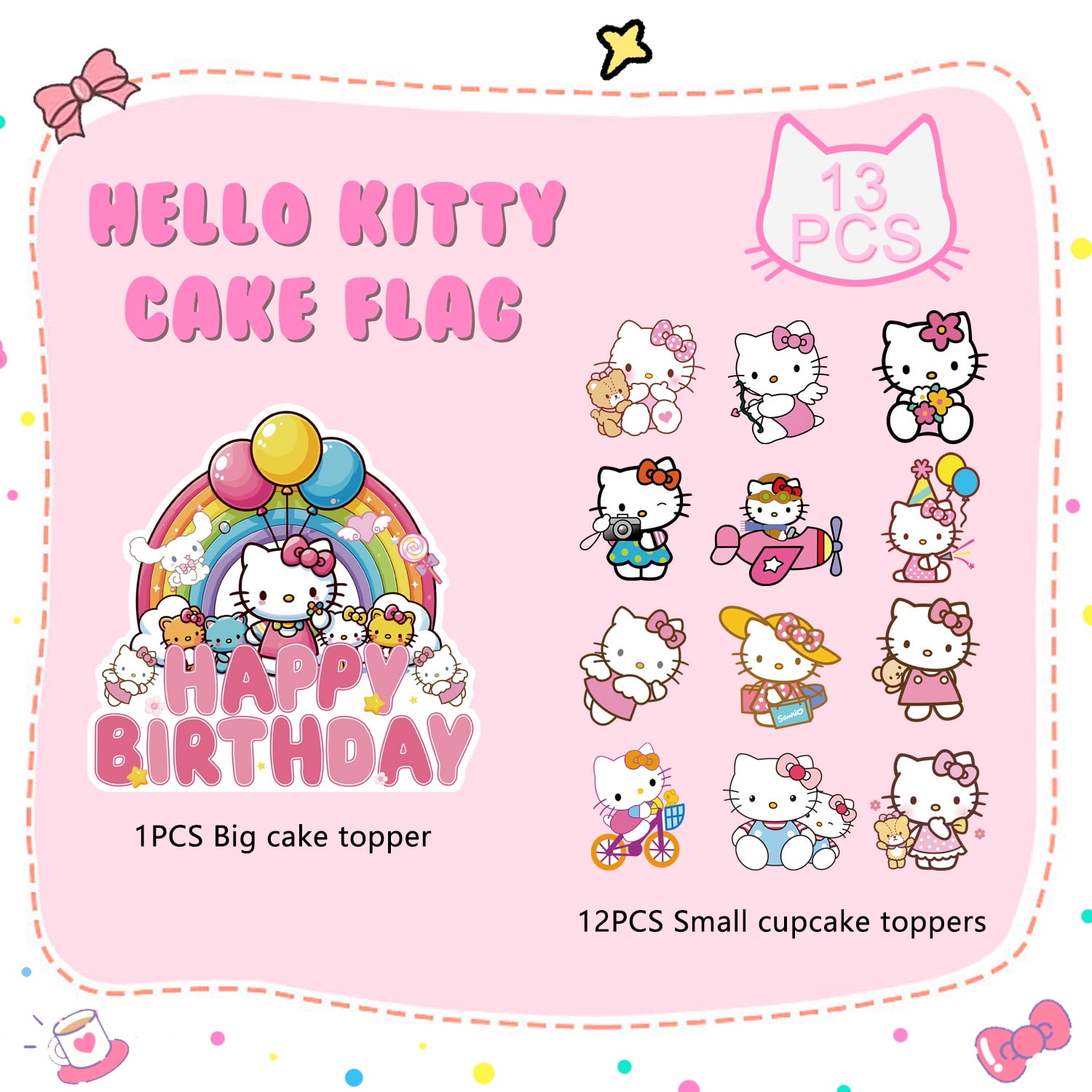 Cat Birthday Cake Decorations, 1pcs Big Cat Happy Birthday Cake Topper/Cat Theme Cake Toppers + 12pcs Cat Cupcake Toppers/Cat Birthday Party Cupcake Topper for Cat Party Decorations Supplies
