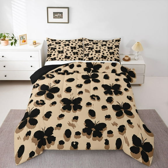 Homewish Abstract Flying Butterflies Bedding Comforter Set 2pcs for Female Men Adults,Leopard Print Twin Comforter Sets Microfiber,Black Brown Breathable Bedding Set,Lightweight Room Decor