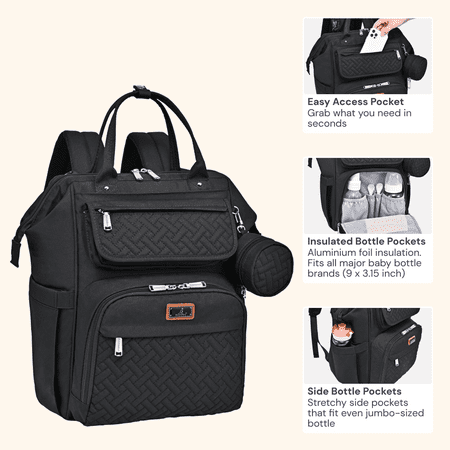 BabbleRoo Wide Top Diaper Bag Backpack, Spacious & Stylish Nappy Organizer, Black, 1 pc