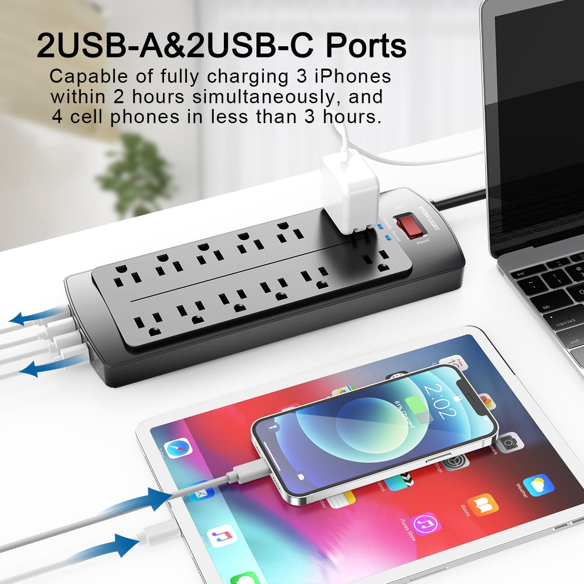 Surge Protector Power Strip with 12 AC Outlets, 4 USB Charging Ports (2 USB-C), 2700J Surge Protection, 6ft Extension Cord (1875W/15A) for Home and Office Use