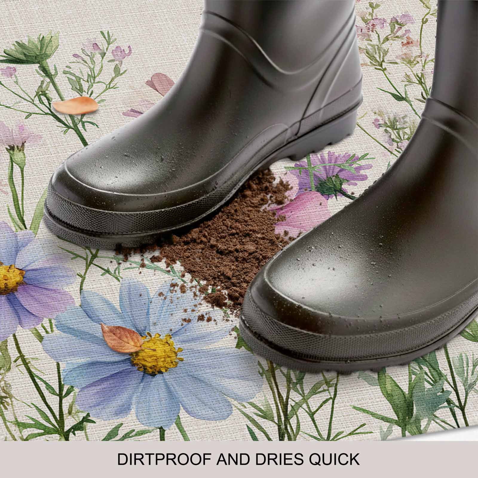 Spring Floral Doormat Outdoor Entrance 24"x36", Wildflowers Herbs Summer Botanical Vintage Absorb Moisture Dirt Door Mats, Non-Slip Rubber Backing Floor Mats Indoor, Low-Profile Front Door Rugs