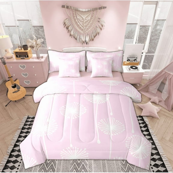 Manfei Dandelion Print Twin Bedding Sets 7-Piece for Kids, Dreamy Plant Botanical Bedding Comforter Set, Princess Pink Style Reversible Sheet Sets, Super Cozy Room Decor