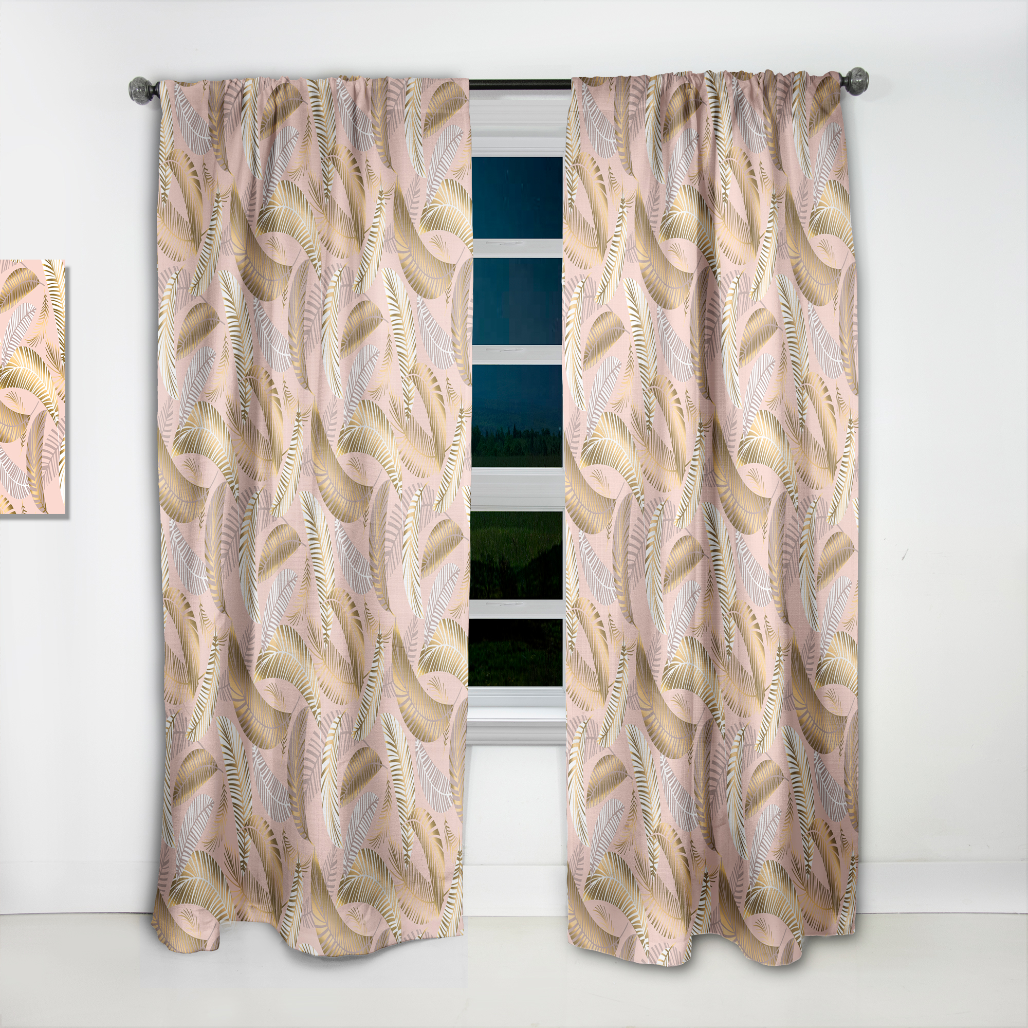 Designart 'Golden Tropical Leaves Pattern V' Mid-Century Modern Curtain Panel