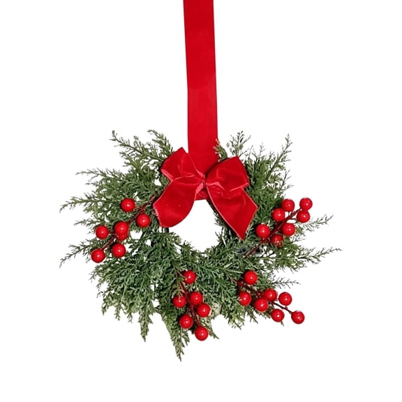 Mini Christmas Wreaths for Kitchen Cabinets, Christmas Wreaths with Red Ribbon Bow Berry for Xmas Home Wall Door Indoor Christmas Decoration, Red by RUIQPGRT