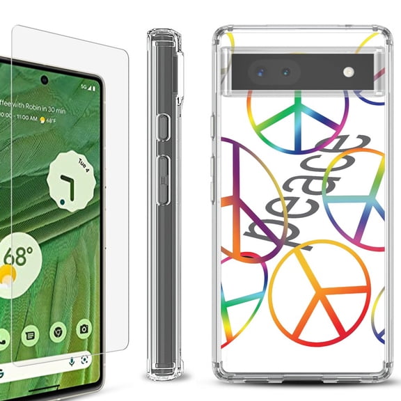 Shockproof Bumper Phone Case for Google Pixel 6a, with Tempered Glass Screen Protector, by OneToughShield ® - Colorful Peace