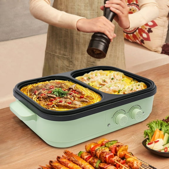 ChicHomey 1300W Electric 2-in-1 Hot Pot & Grill,Dual Temperature Control,Multi-purpose Hot Pot Non-Stick Coating,Green/Black