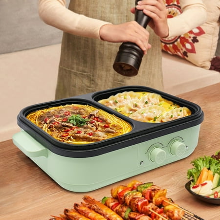 ChicHomey 1300W Electric 2-in-1 Hot Pot & Grill,Dual Temperature Control,Multi-purpose Hot Pot Non-Stick Coating,Green/Black