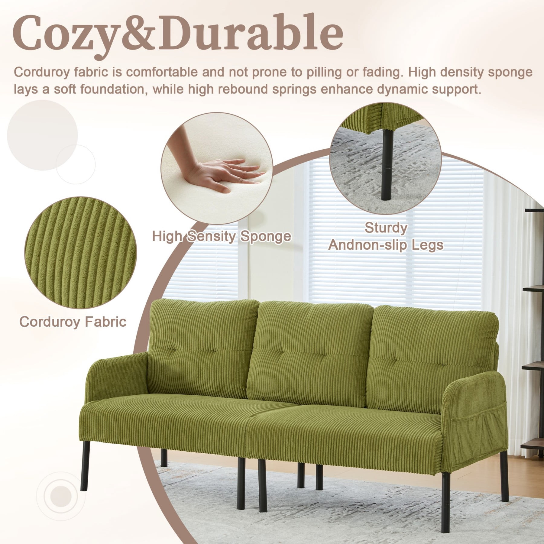 Oversized Loveseat Sofa, Modern Corduroy Upholstered Couch with Side Pockets & Metal Legs for Living Room Bedroom, Olive Green