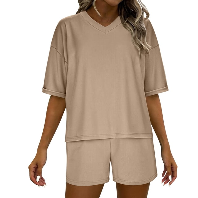 Timegard 2 Piece Sets for Women Summer Short Sleeve V Neck Tops Shorts Casual Loose Oversized Ribbed Knit Outfits