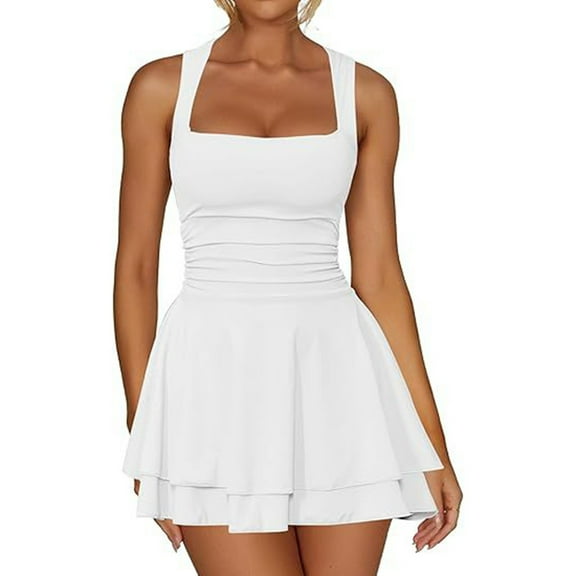 Summer Dresses For Women Solid Color Square Neck Waist Pleated Mini A Line Dress Sundress Activewear,White,L