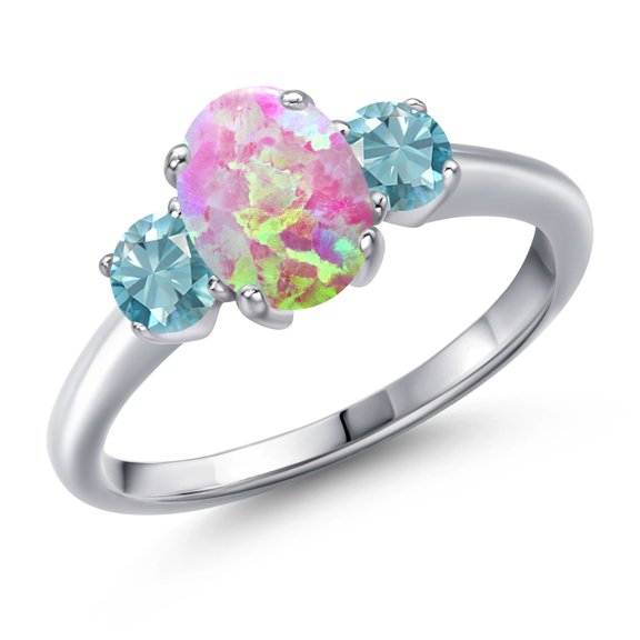 Gem Stone King 2.05 Ct Oval Cabochon Pink Simulated Opal Blue Zircon 925 Sterling Silver Ring (Size 9)