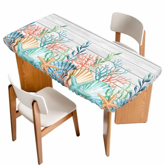 Summer Coastal Table Cloths for 5 Foot Rectangle Tables, Nautical Sea Coral Shell Starfish Wood Gray Patio Waterproof Elastic Fitted Tablecloths, Washable Rectangular Table Cover for Camping