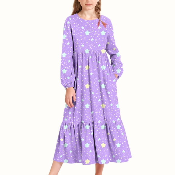MKOSPLRT Floral Dress for Girl 4-15Y Long Sleeve Ruffle Tiered Maxi Dress Crew Neck Funny Print Dress Casual Flowy Dress with Pocket