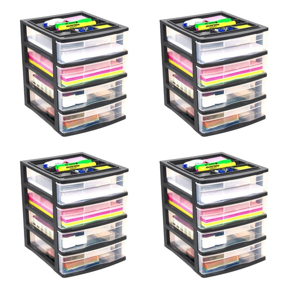 Gracious Living 4 Drawer Desktop Storage w/ Organizer Lid, Black (4 Pack)