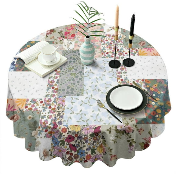 Pioneer Flower Floral Print Pattern Round Tablecloth 60"x60",Wrinkle Wipeable Table Cloth for Kitchen Dining Room Picnic Patio Party