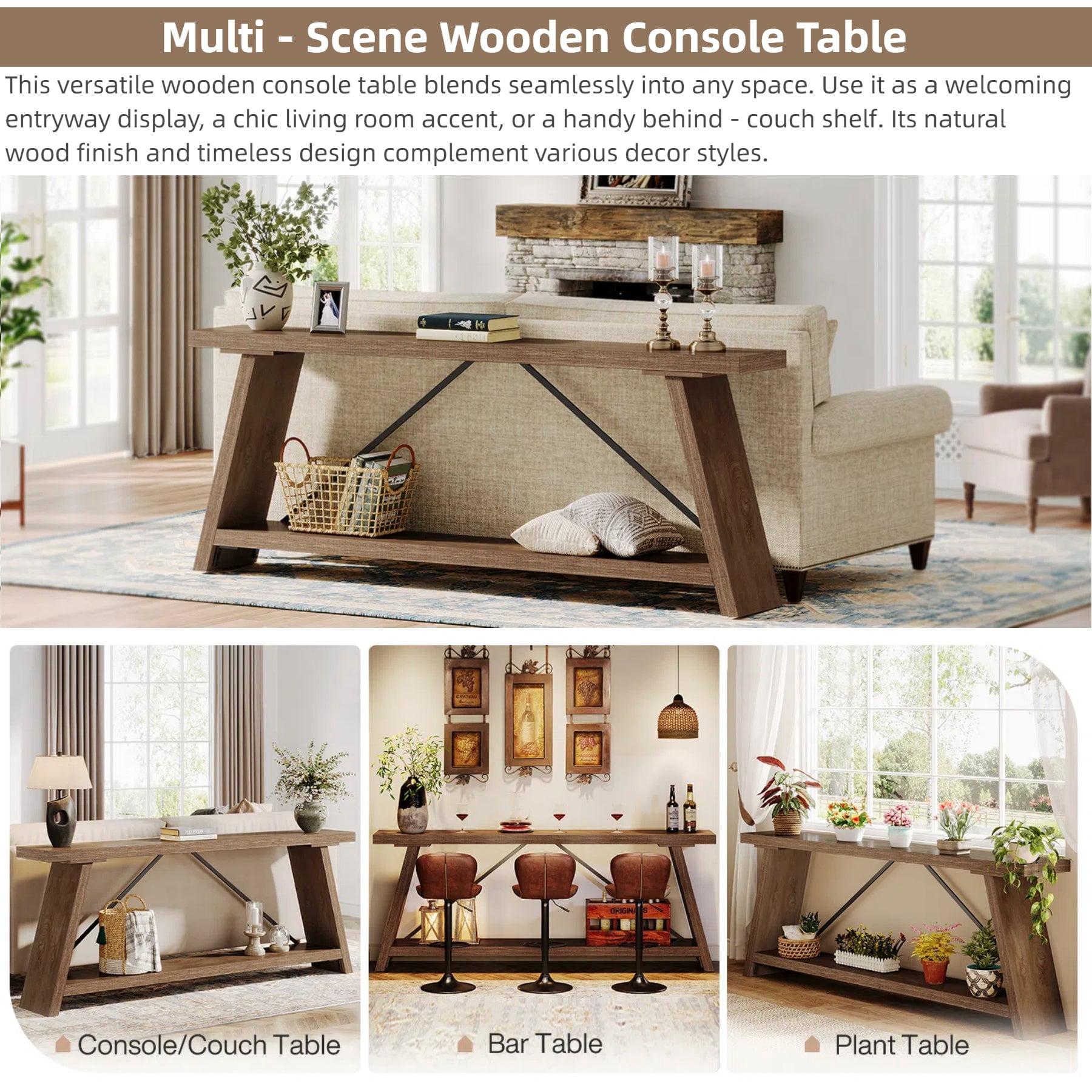 Fnova 70.87" Farmhouse Console Table for Entryway, 2-Tier Storage Long Narrow Wood Entryway Table, Metal Frame, Easy Assembly, Brown