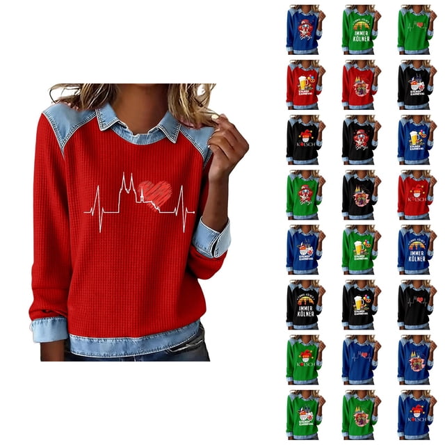 Mardi Gras Chemises à Manches Longues pour Femmes 2026 Mode Denim Patchwork Col à Revers Chandail en Molleton Graphique